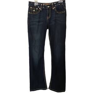 UKnighted Denim Size 6 Blinged Out Flared Jeans With Orange and Yellow Stitching